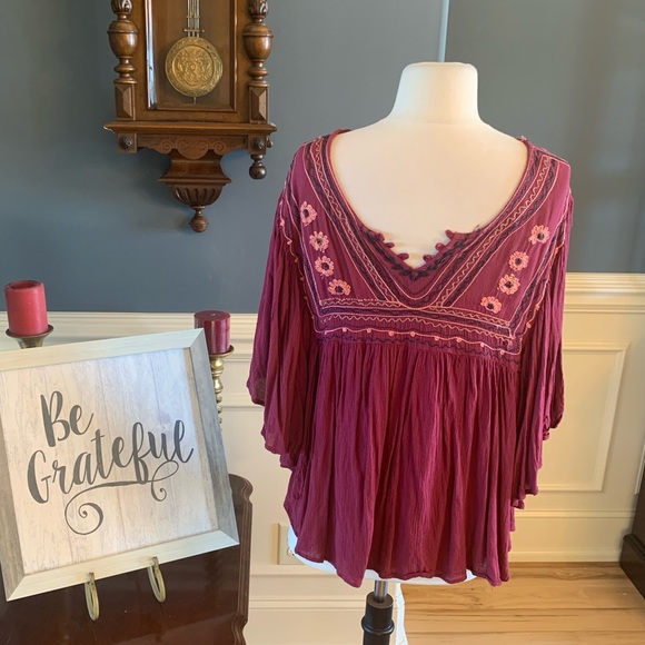 Japna Flowy Top Hippie Boho Shirt Maroon Embroidered Womens M Batwing Dohlman - Picture 6 of 14